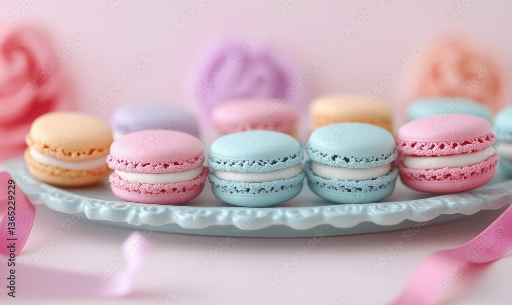 Fototapeta premium Assorted pastel macarons are beautifully arranged on a light blue plate with pink ribbon accents.