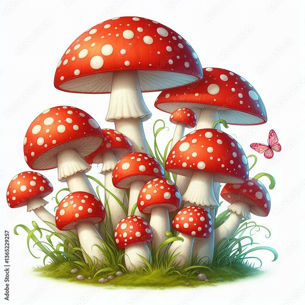 Obraz premium Detailed Digital Art of Red and White Spotted Mushrooms with Butterflies in a Green, Grassy Environment.