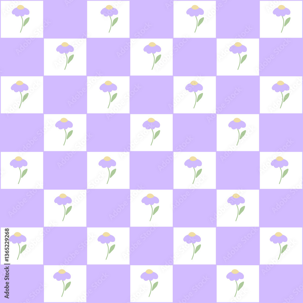 Abstract seamless pattern with flowers. Retro checkered purple background. Abstract seamless pattern with flowers. Retro checkered purple background.