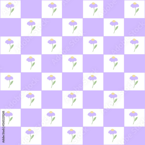 Abstract seamless pattern with flowers. Retro checkered purple background.