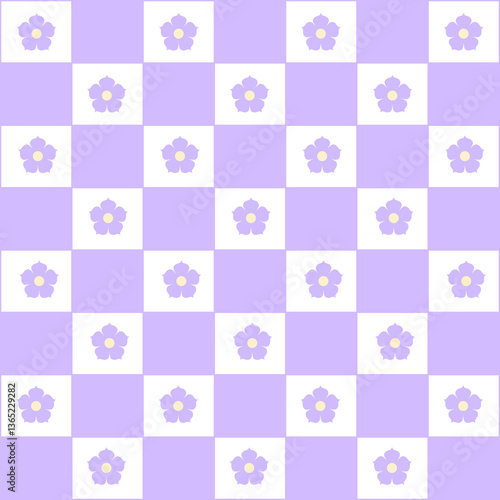 Abstract seamless pattern with flowers. Retro checkered purple background.