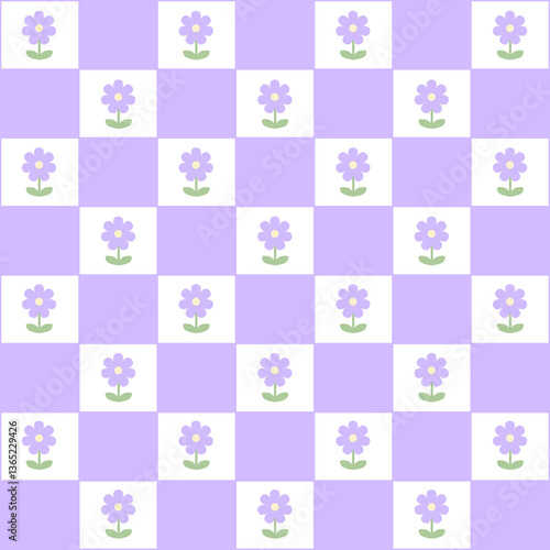 Abstract seamless pattern with flowers. Retro checkered purple background.