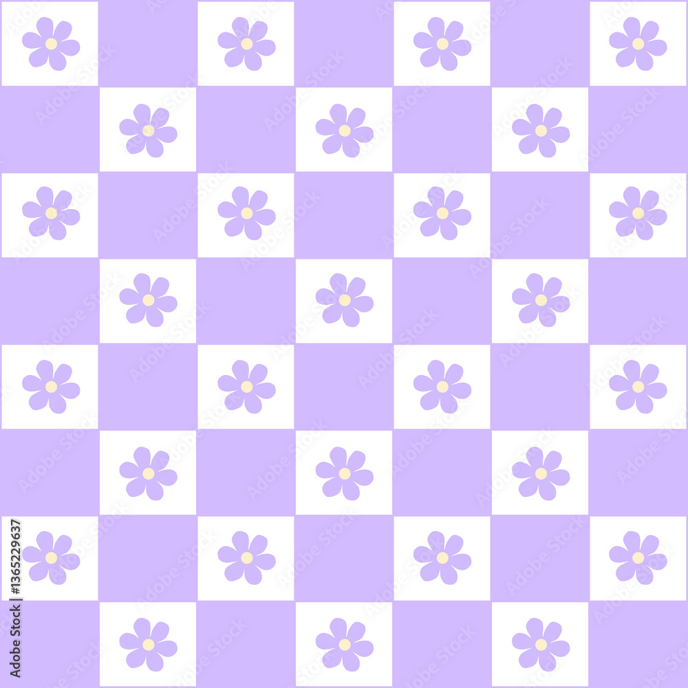 Abstract seamless pattern with flowers. Retro checkered purple background. Abstract seamless pattern with flowers. Retro checkered purple background.