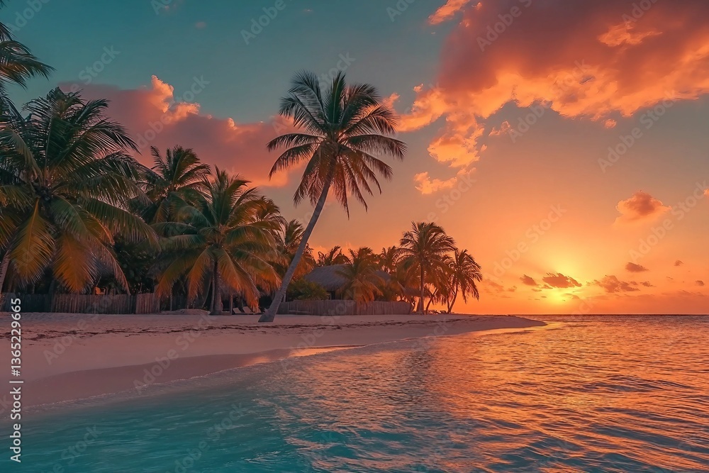 Obraz premium Summer island palm tree sea sand beach. Panoramic beach landscape. Inspire tropical nature seascape horizon. Orange golden sunset sky clouds. Tranquil shore relax beachfront resort. Vacation travel