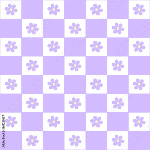 Abstract seamless pattern with flowers. Retro checkered purple background.