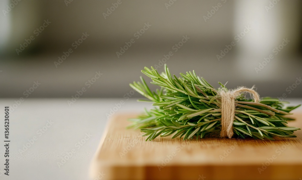 Fototapeta premium Close-up of a bundle of fresh rosemary tied with twine on a rustic wooden board.