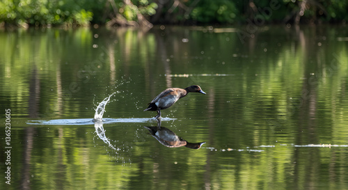 Wallpaper Mural Pochard duck gracefully diving into a serene, reflective freshwater lake Torontodigital.ca