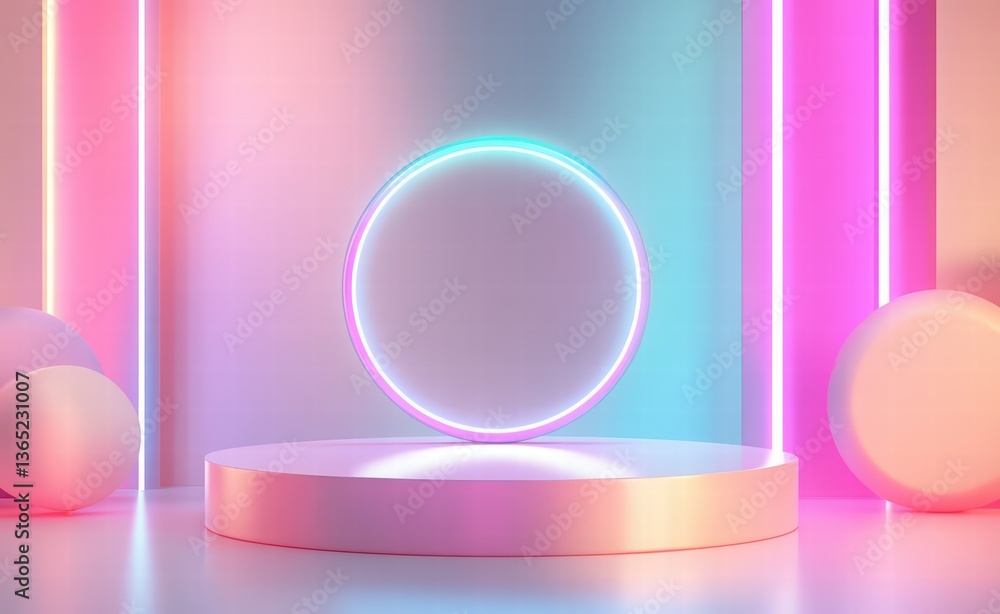 Obraz premium 3d podium with geometric shapes and glowing light ring on pastel background. product display and presentation design