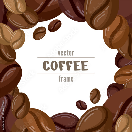 Coffee beans vector banner template. Energy drink concept. Food element round frame. Fresh roast. Premium grade. Many big whole grains. Espresso blend. Cute art for liquor package design, ads layout