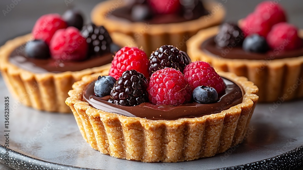 Mini Chocolate Tarts Topped with Fresh Berries and Garnishes on a Dark Plate Mini Chocolate Tarts Topped with Fresh Berries and Garnishes on a Dark Plate