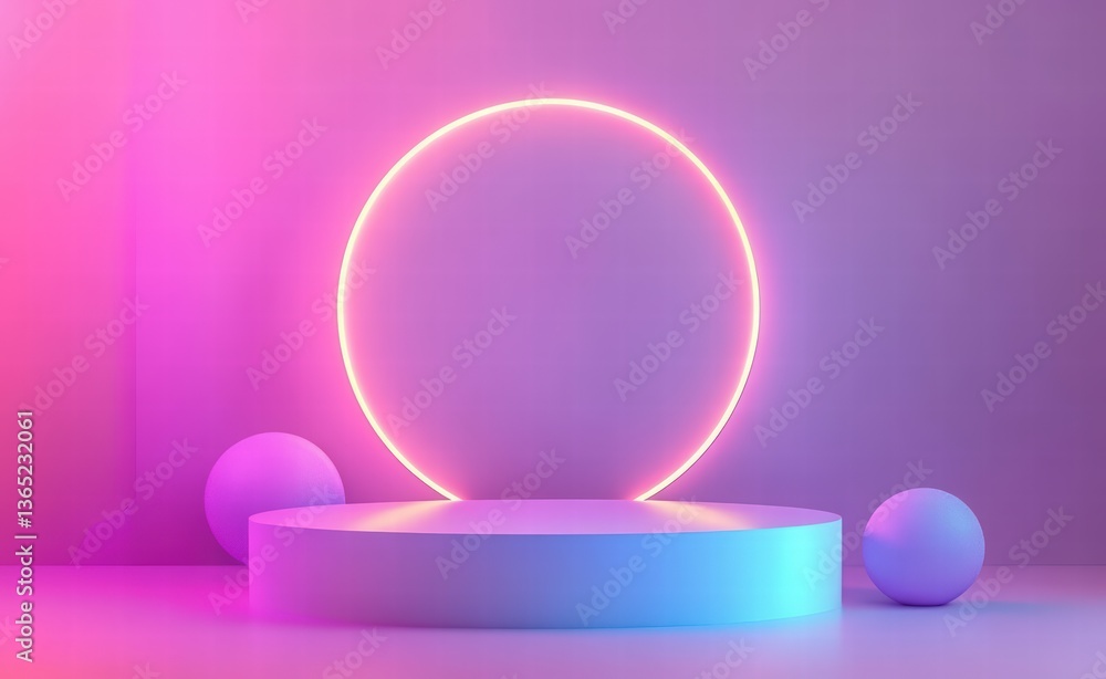 Obraz premium 3d podium with geometric shapes and glowing light ring on pastel background. product display and presentation design