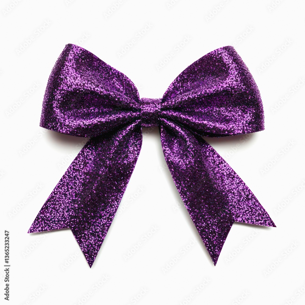Purple shiny glittering ribbon tied in a bow isolated on white background. Purple shiny glittering ribbon tied in a bow isolated on white background.