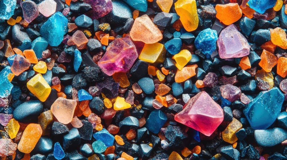 A macro photograph of sand grains, revealing an unexpected mix of bright and multicolored particles A macro photograph of sand grains, revealing an unexpected mix of bright and multicolored particles