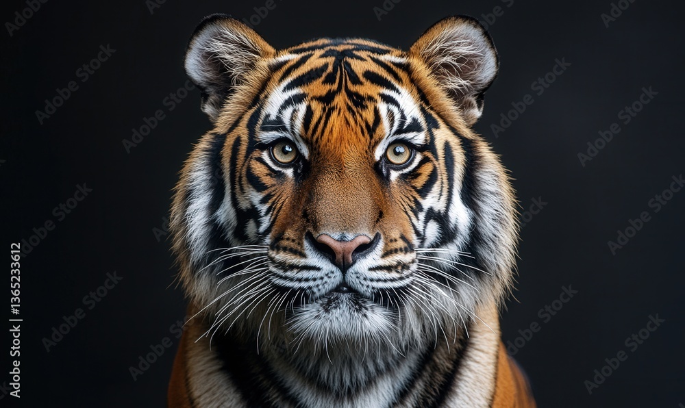 Majestic tiger against a dark background, showcasing its striking features and piercing gaze. Majestic tiger against a dark background, showcasing its striking features and piercing gaze.