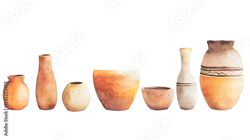 Ancient pottery collection with diverse shapes.