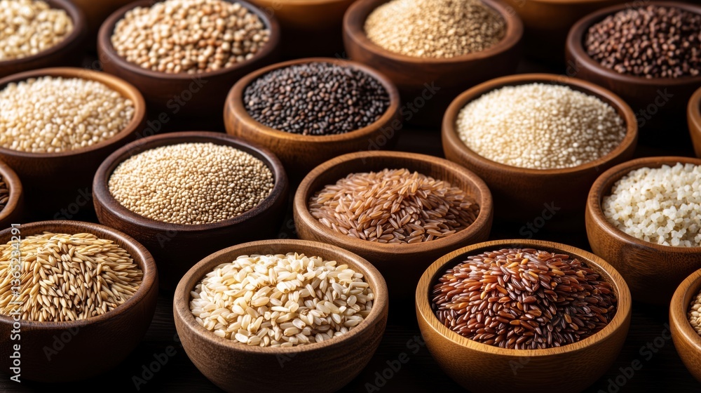 Varieties of grains and seeds displayed in wooden bowls for culinary purposes in a warm setting Varieties of grains and seeds displayed in wooden bowls for culinary purposes in a warm setting