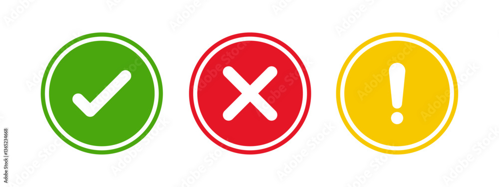 Green check mark, red cross, and yellow exclamation mark icons in circular shapes for interface alerts, notifications, warnings, success, and error in flat vector style on white background Green check mark, red cross, and yellow exclamation mark icons in circular shapes for interface alerts, notifications, warnings, success, and error in flat vector style on white background