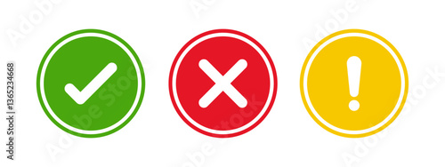 Green check mark, red cross, and yellow exclamation mark icons in circular shapes for interface alerts, notifications, warnings, success, and error in flat vector style on white background