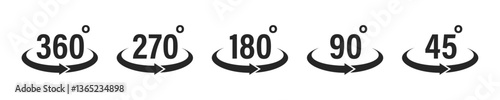 Rotation angle featuring 360°, 270°, 180°, 90°, and 45° icon set with curved arrows. Perfect for user interfaces, infographics, graphic design, engineering, and motion-related visuals. Vector