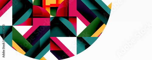 Abstract geometric artwork with interwoven angular and curved shapes, dynamic composition with smooth gradients and bold contrasts