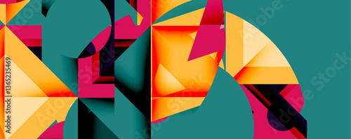 Abstract geometric artwork with interwoven angular and curved shapes, dynamic composition with smooth gradients and bold contrasts