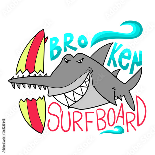 Illustration of a sawshark breaking a surfboard, t-shirt design