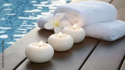 Relaxing spa atmosphere with candles, towels, and floral decoration near a tranquil pool setting