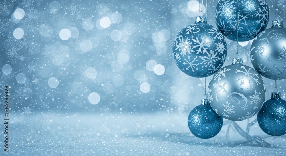 Serene winter's elegance: shimmering blue ornaments adorned with snowflakes, nestled in a soft, snowy bokeh background. Serene winter's elegance: shimmering blue ornaments adorned with snowflakes, nestled in a soft, snowy bokeh background.