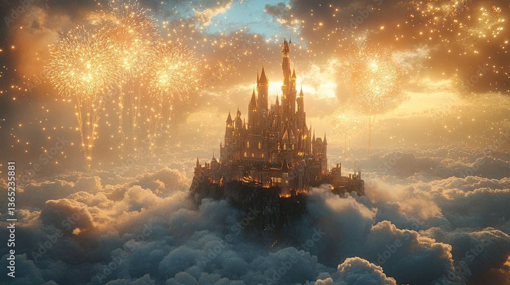 Obraz premium Ethereal Floating Castle Surrounded by Clouds with Beautiful Fireworks Lighting the Sky