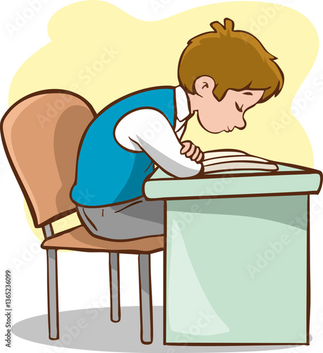 child exhibits bad body posture while reading book at desk, inviting discomfort and possible health problems. student character hunched over, neck tense, shoulders slumped
