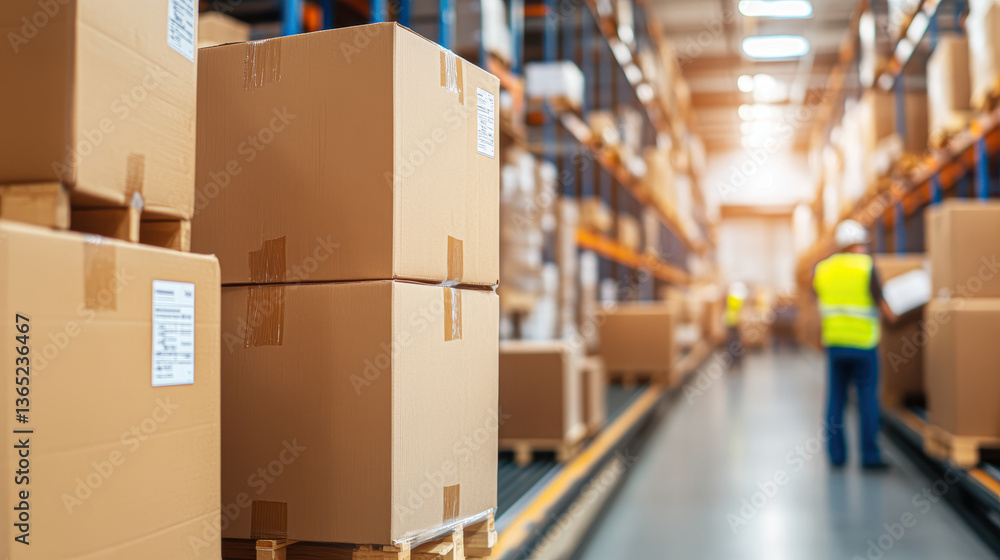 Storage area with stacked cardboard boxes and a worker organizing inventory. Storage area with stacked cardboard boxes and a worker organizing inventory.