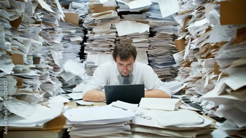Overwhelmed man works at desk surrounded by piles of paper and documents in a cluttered office space during the afternoon
