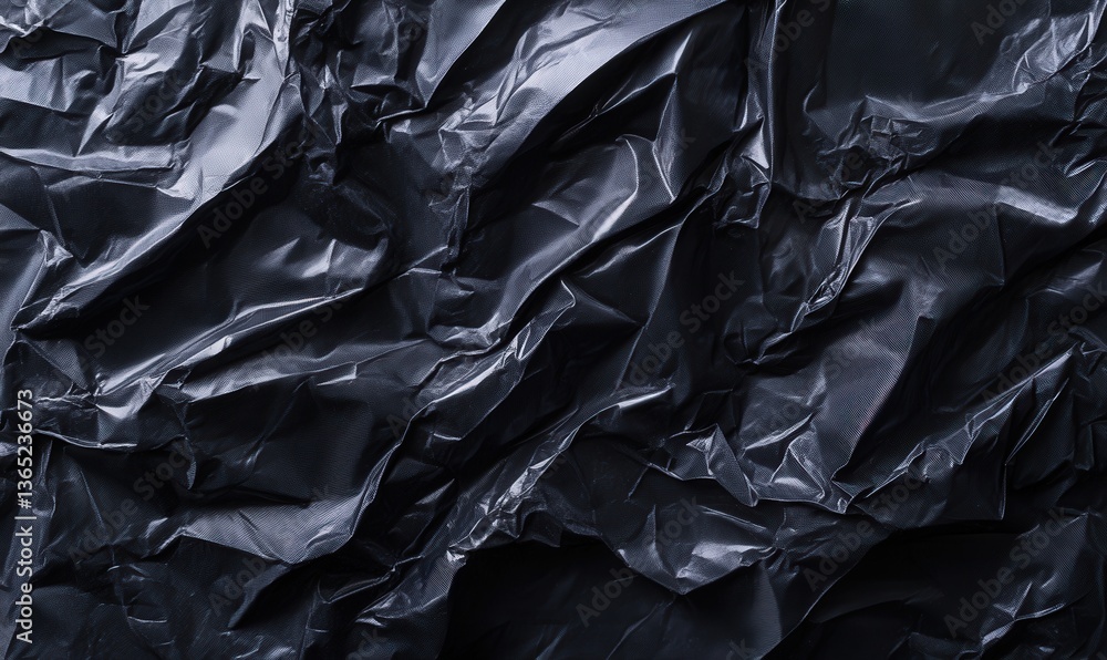 Close-up of crumpled black plastic texture with intricate folds and shadows. Close-up of crumpled black plastic texture with intricate folds and shadows.