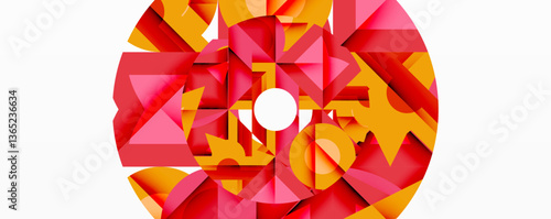 Abstract geometric composition with interlocking circular and angular shapes, featuring smooth gradients and sharp contrasts on a white background