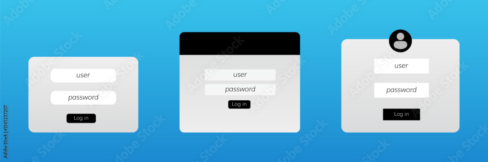 Three different layouts of login interfaces featuring fields for username and password entry. Three different layouts of login interfaces featuring fields for username and password entry.