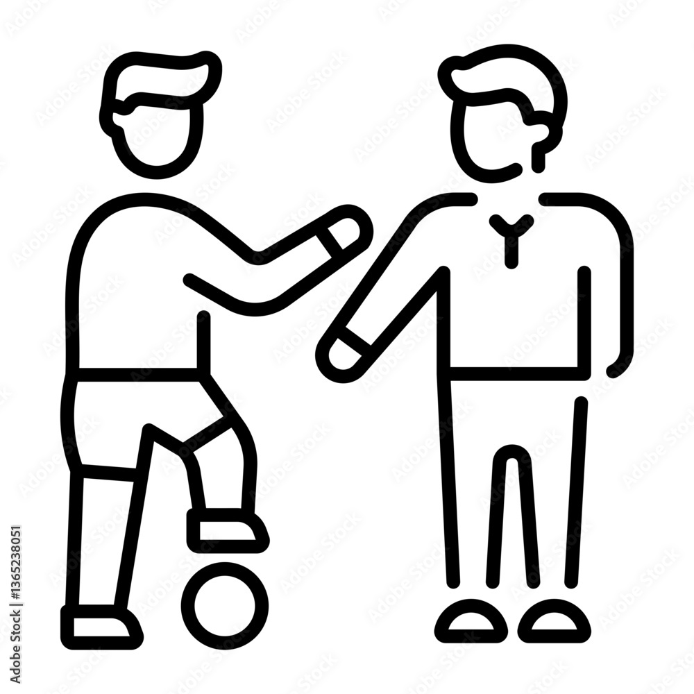 Two friends playing football together, line style icon Two friends playing football together, line style icon