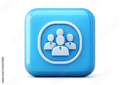 Teamwork Icon: A vibrant blue 3D icon with rounded corners showcases a graphic representation of a team of individuals, suggesting unity, collaboration, and synergy. 