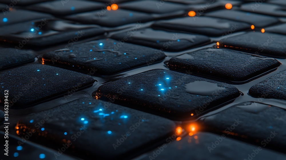 Fototapeta premium Detailed close up of glowing squares with water droplets