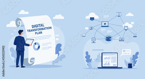 Digital Transformation Plan: A businessman reviews a comprehensive digital transformation strategy.