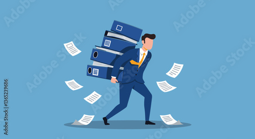 Businessman struggling under a heavy workload of files.