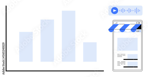 Bar chart data with a mobile storefront screen and audio player depict analytics, digital marketing, and e-commerce. Ideal for business strategy, growth tools, marketing, multimedia, tech, planning