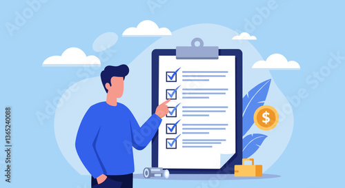 Man reviewing checklist and budget. Financial planning concept.