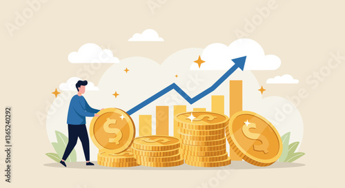 Young man adds to growing stacks of coins, signifying financial growth and success.