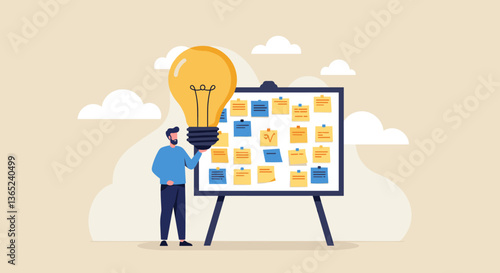 Man with a lightbulb idea near a whiteboard with sticky notes.