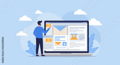 Man organizing emails and content on large screen.