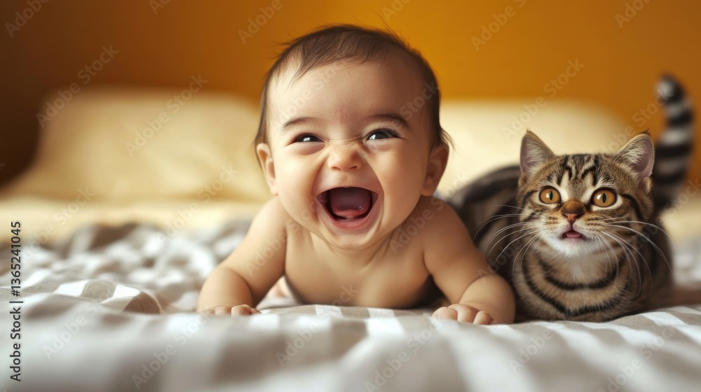 This heartwarming image features a joyful baby laughing alongside a curious cat, capturing the essence of innocence and companionship in a cozy domestic environment. This heartwarming image features a joyful baby laughing alongside a curious cat, capturing the essence of innocence and companionship in a cozy domestic environment.