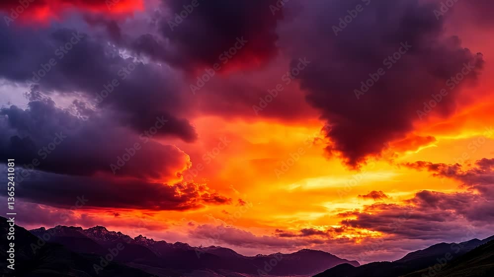 Dramatic Sunset Over Mountains With Vibrant Clouds Illuminating The Sky In A Colorful Display Dramatic Sunset Over Mountains With Vibrant Clouds Illuminating The Sky In A Colorful Display