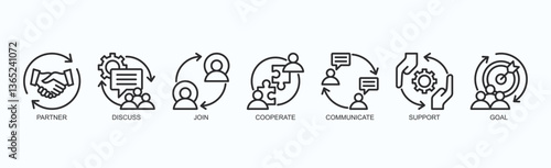 Partnerships For Success Icon Set Isolated Vector Illustration Concept With Icon Of Partner, Discuss, Join, Cooperate, Communicate, Support, Goal In Outline Style