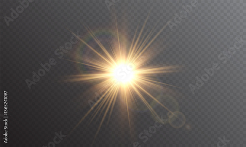 Yellow star flashed with sparkles sun isolated on white background. Soft glow without departing rays, sunlight with lens flare effect. PNG vector light effect.