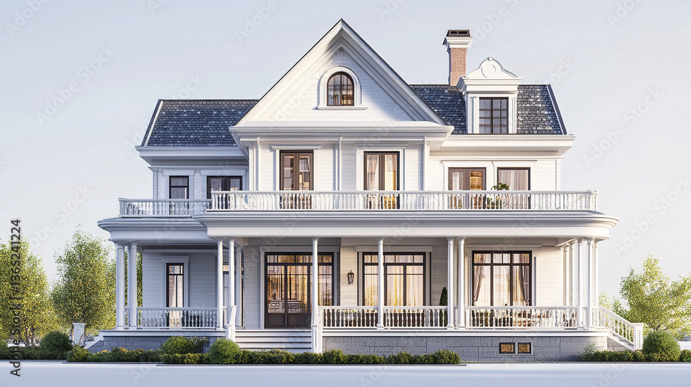 Fototapeta premium Classic house with wraparound porch and gabled roof on sunny day